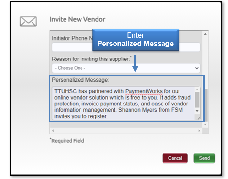 Enter personalized message to send to vendor