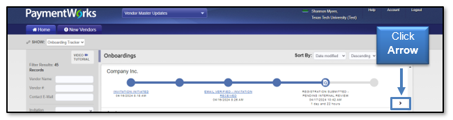 Click arrow in the PaymentWorks invitation to view more specific invitation details