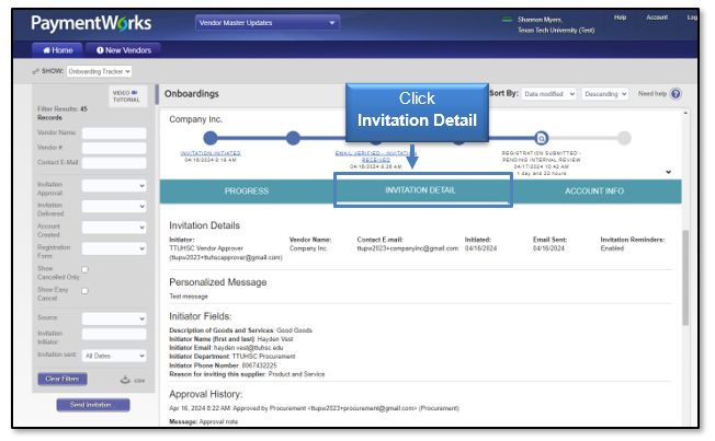 Click Invitation Detail in the details view of the Onboarding record