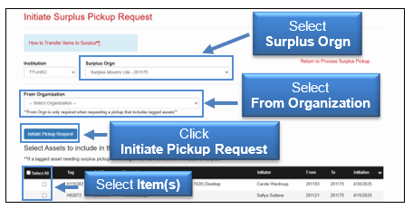 Select Surplus Orgn, Select Organization from the Organization lists, Click Initiate Pickup Request and check a box to select items