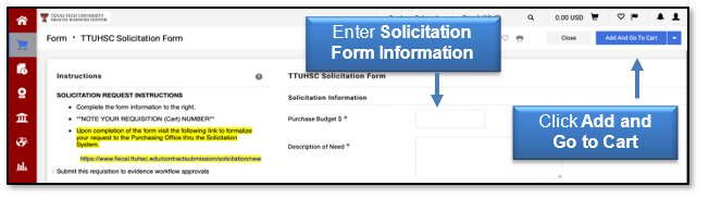 Enter Solicitation Form information and click Add and Go to the Cart button
