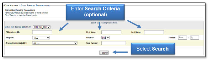 Optional to enter search criteria fields, then select Search