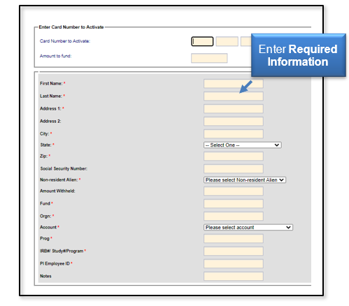 Enter the required fields to activate the cards