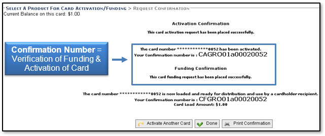 The confirmation number will display and this is the verification of funding and the activation of the card