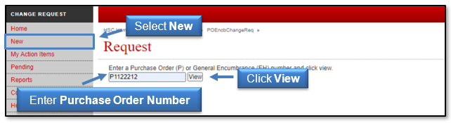 Select New, enter Purchase Order Number, click View