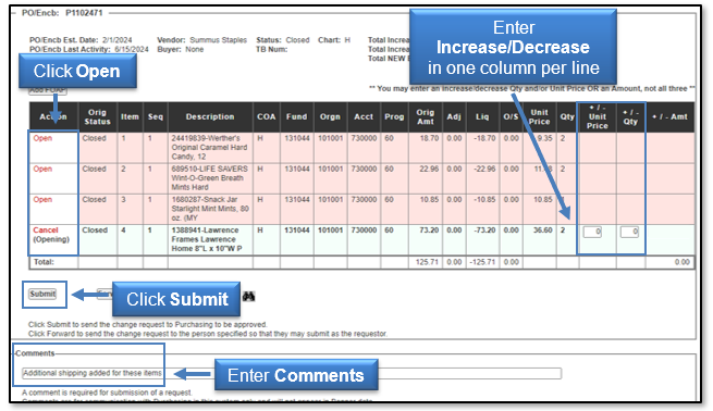 Click Open, enter the increase/decrease amount in one column per line, enter comments, and click Submit