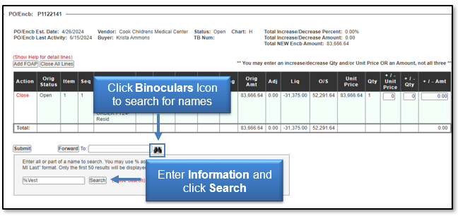 Click the Binoculars icon to search for names to forward or enter information in field and click search button