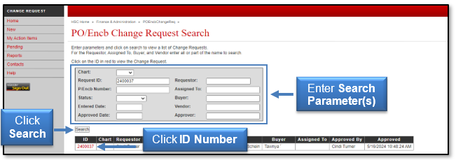 Enter the Search Parameters, Click Search button, and Click ID Number