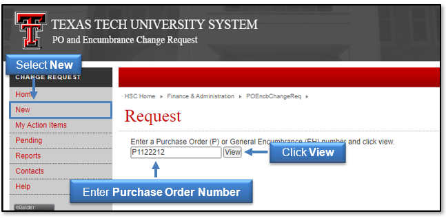 Select New, enter Purchase Order Number, then click View