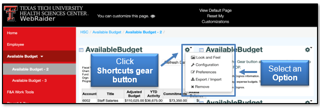 Click Shortcuts gear button and then select an option