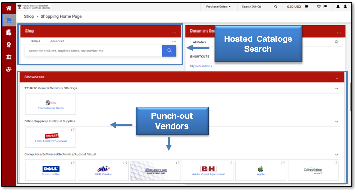 Under Shop Section is the Hosted Catalogs Search and under Showcases are the Punch-out Vendors