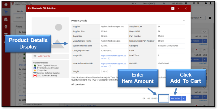 Product Details display; enter the Item Amount and click Add To Cart