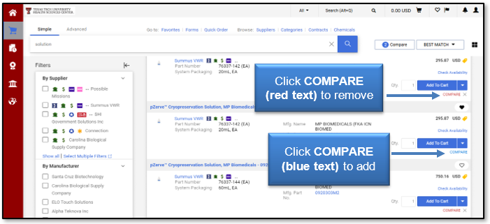 Click Compare (red text) to remove an item or click Compare (blue text) to add an item