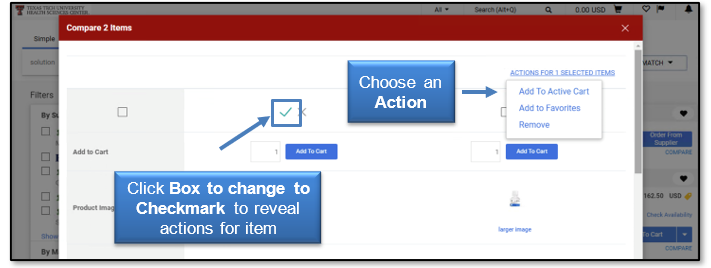 Click Box to change to checkmark to reveal actions for item then choose an action