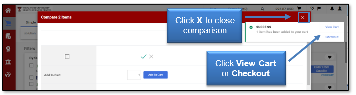 Click X to close comparison; Click View Cart or Checkout