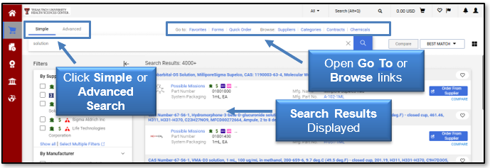 Click Simple or Advanced Search; Open Go To or Browse links; the Search Results will display