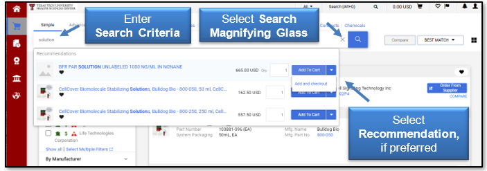 Enter the Search Criteria or select the Search Magnifying Glass icon to search and select Recommendation, if preferred