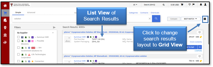 Click the List View icon to change search results layout to Grid View or vice-versa