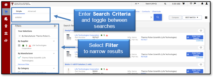 Enter the Search Criteria and toggle between searches, select a Filter to narrow results