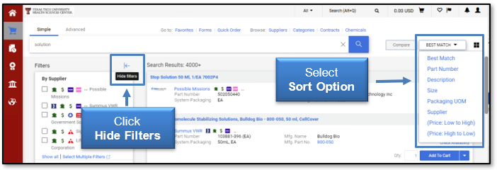 Click Hide Filters icon, and Select Sort Option from Best Match menu