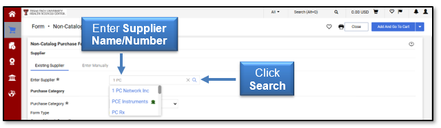 Enter supplier name or vendor number and click search