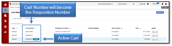 The Cart Number will become the Requisitin number. Active carts will display.