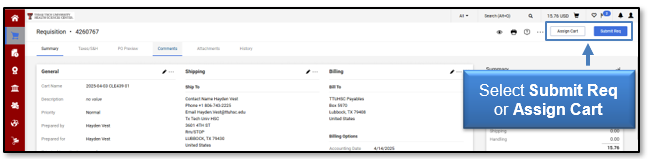 Select Submit Req or Assign Cart button