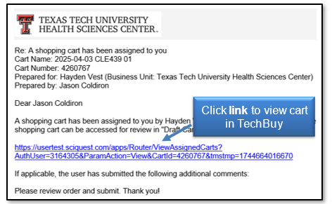 Click hyperlink to view cart in TechBuy