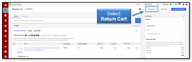 Select Return Cart button