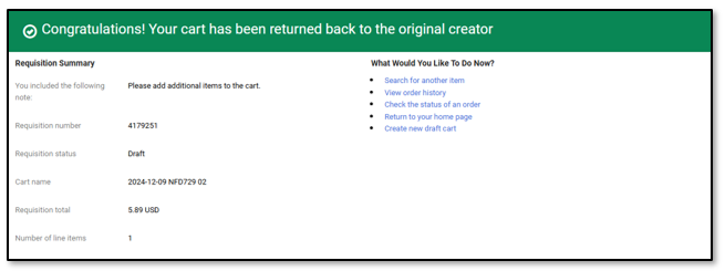 Email message cart returned