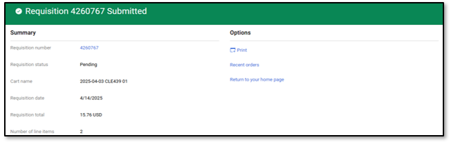 Message that requesition was submitted
