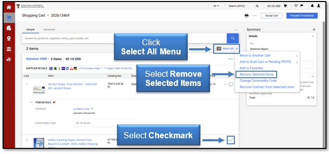 Click the Select All Menu drop-down and then select Remove Selected Items, Select the Checkmark