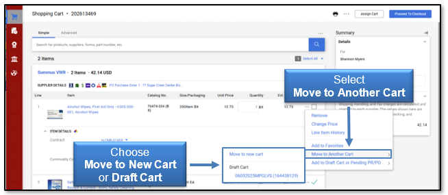 Select Move to Another Cart