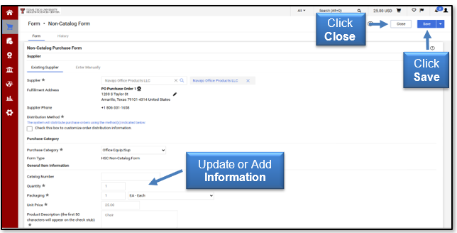 Update or add information and either click save or close