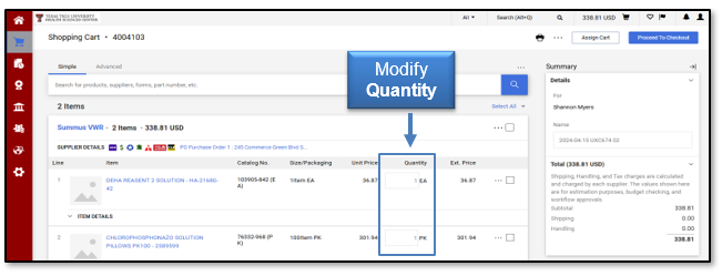 Modify the quantity in the cart