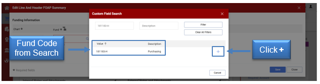 The Fund Code from Search displays, click the Plus Sign