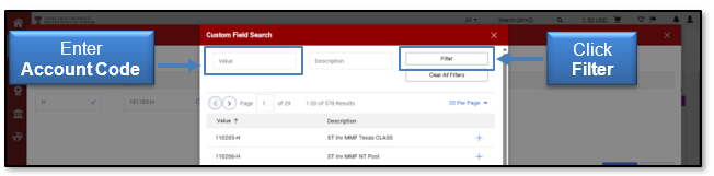 Enter the Account Code and click Filter
