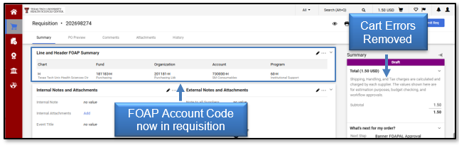 FOAP Account Code now displayed in requisition and Cart Errors removed