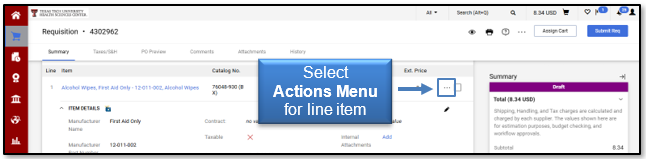 In Line Item section, select Actions (dots) Menu for the line item