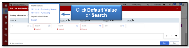 Click Default Value or Search