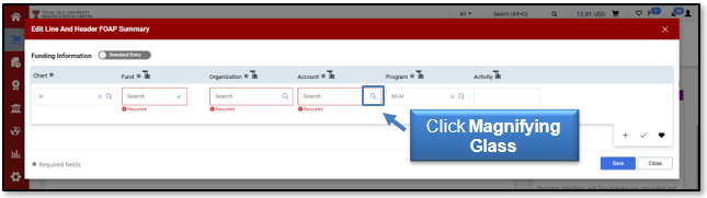 Click the Magnifying Glass under Account Field