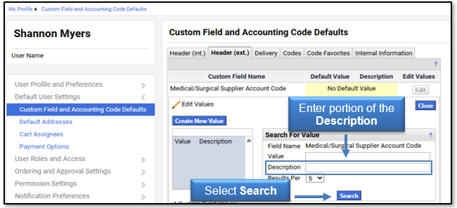 Enter portion of the Description, then select Search