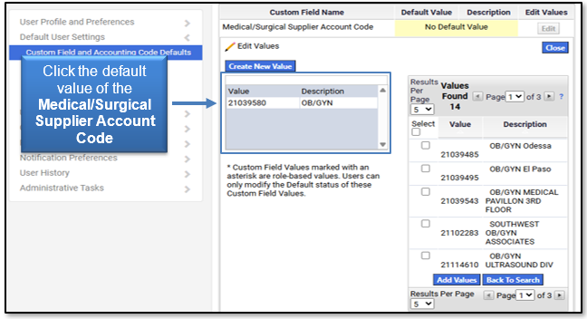 Click the default value of the Medical/Surgical Supplier Account Code
