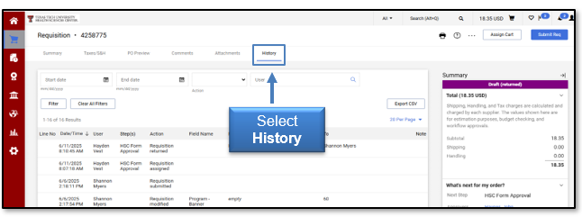 Select the History tab to view error information