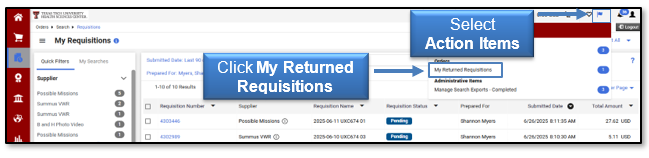 Select the Action Items icon in the navigation then click My Returned Requisitions