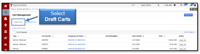 Select the Draft Carts button