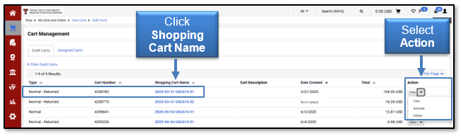 Select an action and then click the Shopping Cart Name