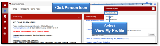 Click the person icon then select View My Profile