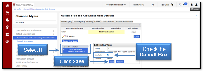 Select H and check the Default Box, then click save