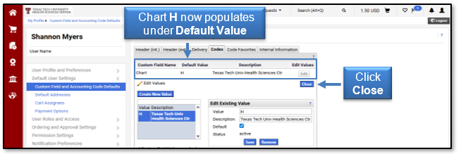Chart H shown under Default Value, click close